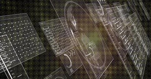 Displaying UI panels floating in 3D space, with tabular data, gauges, sliders Stock Illustration