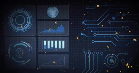 Displaying UI panels showing charts and gauges on dark grid, with circuit lines, Stock Illustration
