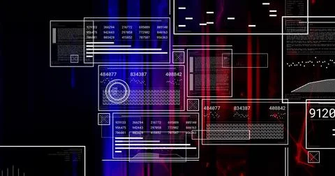 Displaying UI panels showing code numeric data and keyboard graphic in cyber Stock Photos