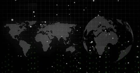 Displaying UI showcasing dotted world map and globe on dark grid lines, with Stock Illustration