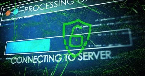 Displaying UI showing CONNECTING TO SERVER on neon grid, with cyan bar and green Stock Photos