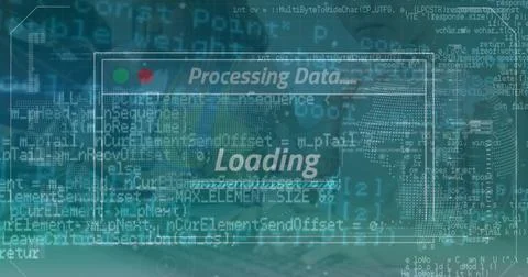 Displaying UI window showing processing data loading on screen, with overlaid Stock Photos