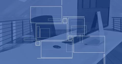 Displaying UI wireframe overlays over desk with computer setup, notebook, Stock Photos