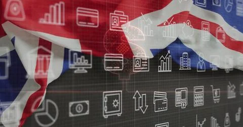 Displaying Union Jack flag across finance dashboard, showing credit card, piggy 写真素材