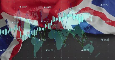 Displaying Union Jack flag draping world map on display, with bar line arrow and Stock Photos