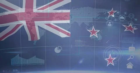Displaying Union Jack flag over dotted world map studio backdrop, showing four Stock Photos