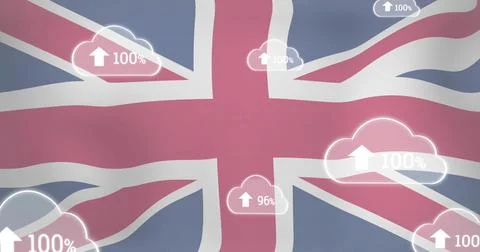 Displaying Union Jack flag uploading data in digital graphic with cloud icons Stock Photos