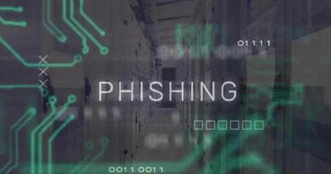 Displaying uppercase PHISHING overlay warning in secured data center corridor, Stock Illustration