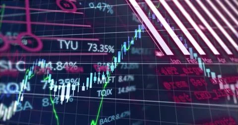 Displaying upward candlestick chart and green trend line rising on market Stock Illustration