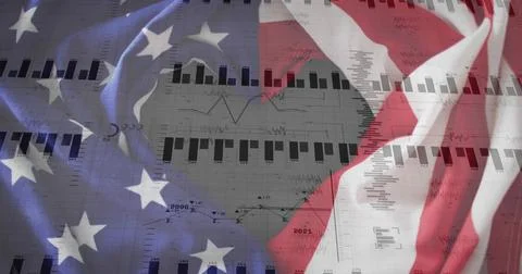 Displaying US flag fabric over grayscale charts in digital composite, showing Stock Photos