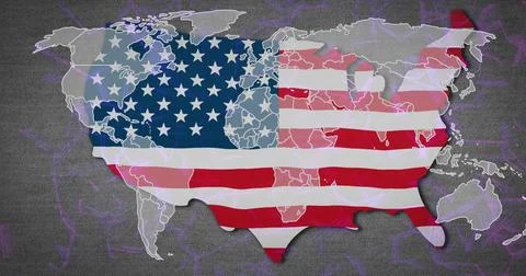 Displaying US silhouette with flag pattern on dark background, featuring world Stockillustratie