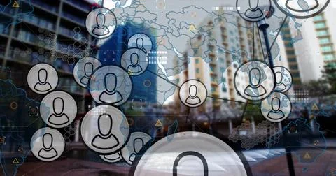 Displaying user avatar icon network linking through street glass, with world map Stock Photos
