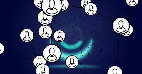 Displaying user-avatar network with black lines, dotted circles and teal glow on Stock Illustration