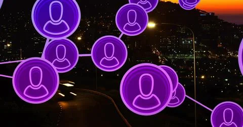 Displaying user avatars connecting over hilltop at dusk, showing network Ilustração Stock