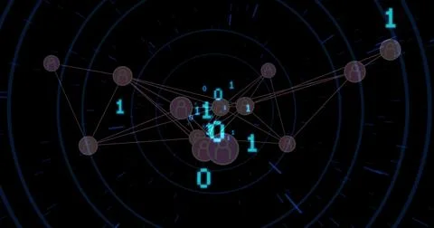 Displaying user icon nodes connecting with lines and binary digits in futuristic Stock Illustration