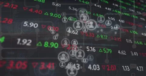 Displaying user icons forming network nodes on finance dashboard with tickers Stock Photos
