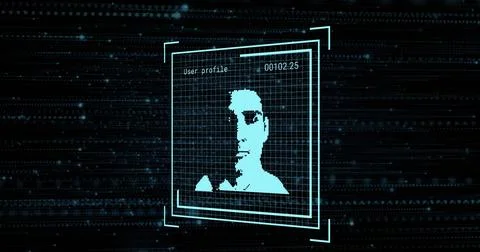 Displaying user profile window showing pixelated silhouette in cyber interface, Stock Illustration