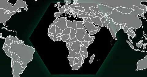 Displaying vector map showing Africa on digital display inside dark hexagon with 스톡 일러스트