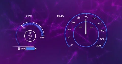 Displaying vehicle dash interface on purple network, showing right speedometer 스톡 일러스트