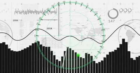 Displaying vertical bar chart centered in dashboard, sweeping wavy line and g Stock Illustration