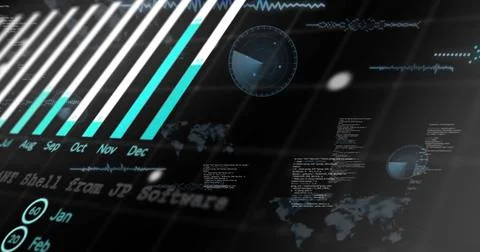Displaying vertical bar chart, code snippets, waveform lines on left side of Stock Illustration