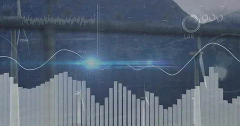 Displaying vertical bar chart covering lower frame at harbor, showing waveform Stock Photos