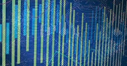 Displaying vertical bar chart glowing on digital dashboard, with node clusters Stock Photos