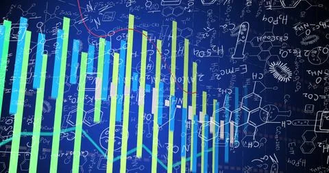 Displaying vertical bar chart in infographic, tracing red trend line and Stock Illustration