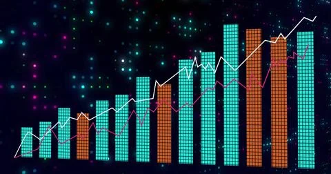 Displaying vertical bar chart on navy backdrop turquoise orange grid bars with Stock Illustration