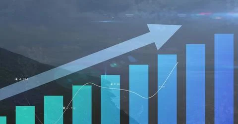 Displaying vertical bar chart with overlay line graph and upward arrow on aerial Stock Photos