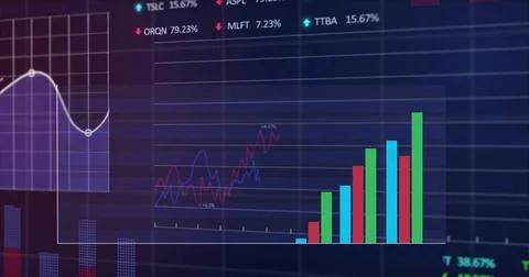 Displaying vertical bar chart rising on financial dashboard, with white gridline Stock Photos