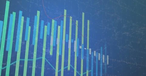 Displaying vertical bar chart on screen with red and cyan line graphs and grid Ilustração Stock