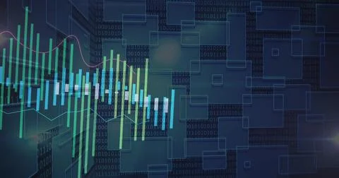 Displaying vertical bars and candlestick charts with magenta and cyan line Stockillustratie