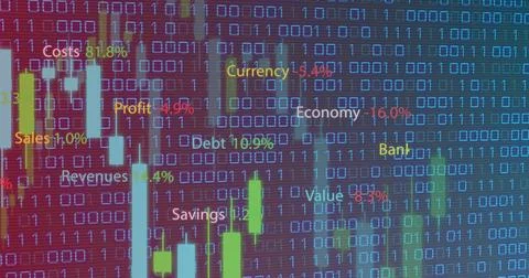 Displaying vertical bars and candlestick charts on screen with binary code and Stock Photos
