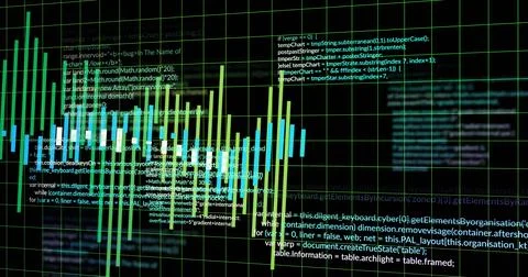 Displaying vertical bars on dashboard, overlaying green wireframe grid, code, 스톡 사진