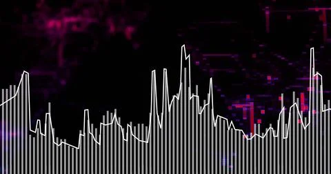 Displaying vertical bars pulsing on dark screen, tracing jagged white waveform, Stock Photos