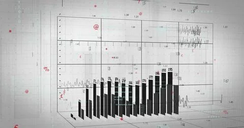Displaying vertical black bars forming 3D chart on light grid, with labels, Illustrazione stock