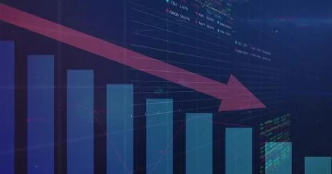 Displaying vertical blue bar chart declining on trading screen, showing large 스톡 일러스트