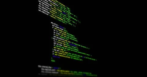 Displaying vertical column of syntax-highlighted code on black terminal, showing Stock Photos