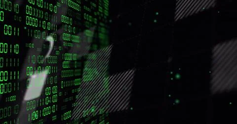 Displaying vertical columns of glowing green binary code on monitor, with Stockfoto's