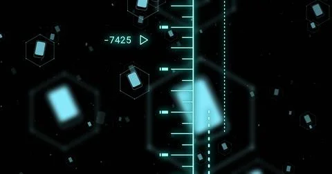 Displaying vertical cyan ruler in dark digital space with dotted guide and Illustration