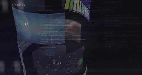 Displaying vertical cylindrical stack rotating in dark virtual space, showing Stock Illustration