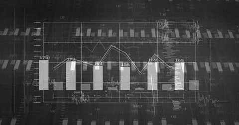 Displaying vertical data bars rising on dark grid interface, with overlaid line Stock Photos