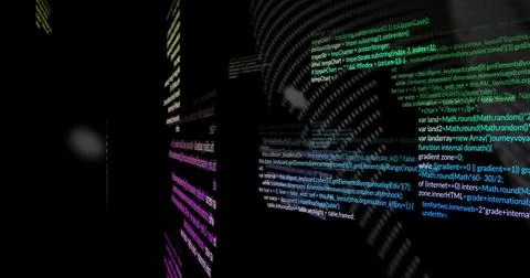 Displaying vertical floating neon-colored code panels in virtual 3D space, with Stock Photos