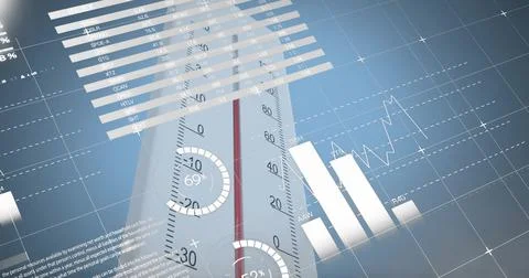 Displaying vertical gauge with red indicator and 69% dial on blue dashboard, Stock Illustration