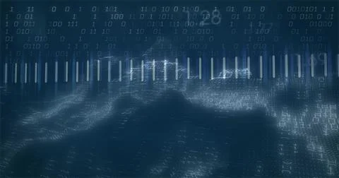 Displaying vertical glowing bars stretching across digital mesh, with floating Stock Illustration