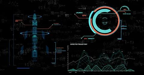 Displaying vertical rocket schematic on left in control HUD, 97% gauge, traje Illustrazione stock
