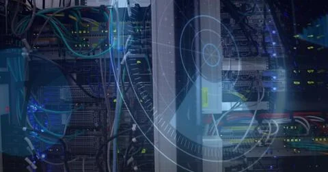 Displaying vertical server rack holding network switches, blade servers at data Stock Photos