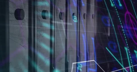 Displaying vertical server rack panels with vent holes in data center, with neon 스톡 사진
