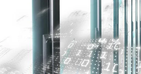 Displaying vertical translucent panels in digital scene, with floating binary Stockfoto's